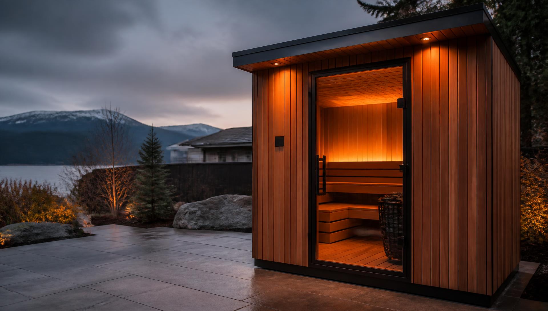 A handcrafted vertical Western Red Cedar sauna cabin glowing at dusk in British Columbia
